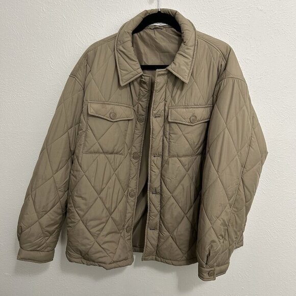 Zara Khaki Tan Quilted Puffer Chore Jacket Size L Lightweight Button Up Pockets - Picture 9 of 10